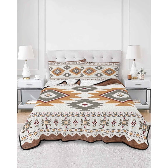 Quilts Twin Size, Southwest Geometric Soft Comforter Bedding Set for Bed, Western Beige Grey Boho Vintage Wooden Lightweight Quilted Bedspread with Pillow Cover(2 Pieces) for All Season, 68x86 Inch
