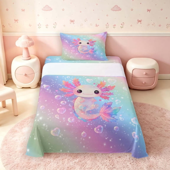 Manfei Kawaii Axolotl Twin Sheets,Dreamy Rainbow Gradient Bedding,3 Pieces,1 Flat Sheet,1 Fitted Sheet and 1 Pillowcase