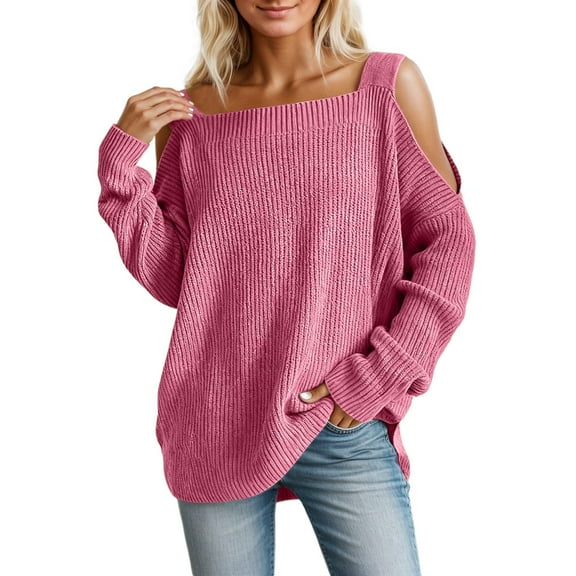Arlun Womens Long Sleeve Cold Shoulder Sweaters Fall Winter Outfits 2026 Cable Knit Trendy Loose Comfortable Solid Color Pullover Oversized Drop Shoulder Plus Size Tunic Tops Pink XL