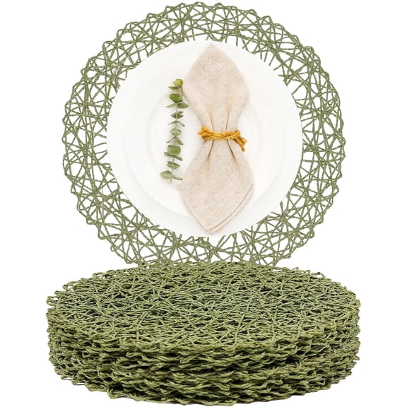 Round Braided Placemats Set of 12, Natural Woven Table Mats, Non-Slip Heat Resistant Boho Paper Place Mats for Kitchen Dining Indoor Outdoor, Green