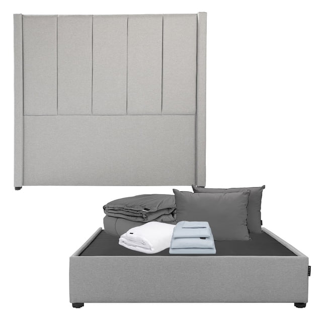 Box Base Cama Matrimonial + Cabecera Nizza Dicasa Gris Medio + Almohada 2Pack + Protector Cloud + Sábanas Softy + Edredón Homy