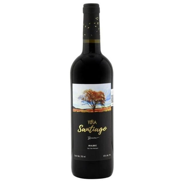 vino tinto viña santiago malbec 750 ml pack de 4 Botella Viña Santiago Malbec 750 ml, vista frontal centrada de botella con etiqueta negra y texto dorado, ilustración de un árbol en tonos otoñales en la etiqueta y cápsula negra en el cuello. Origen indicado en la ficha; venta de alcohol solo a mayores de edad. A menudo usada para maridar en celebraciones.