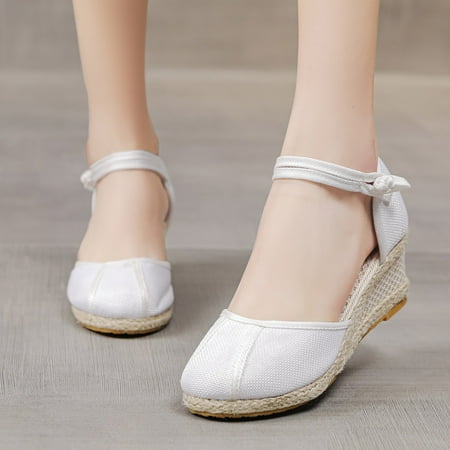 CAICJ98 Wedge Sandals for Women Womens Sandals Flats Shoes for Women Summer Bohemian Beaded T-Strap Elastic Ankle Strap Slip On Gladiator Sandal White