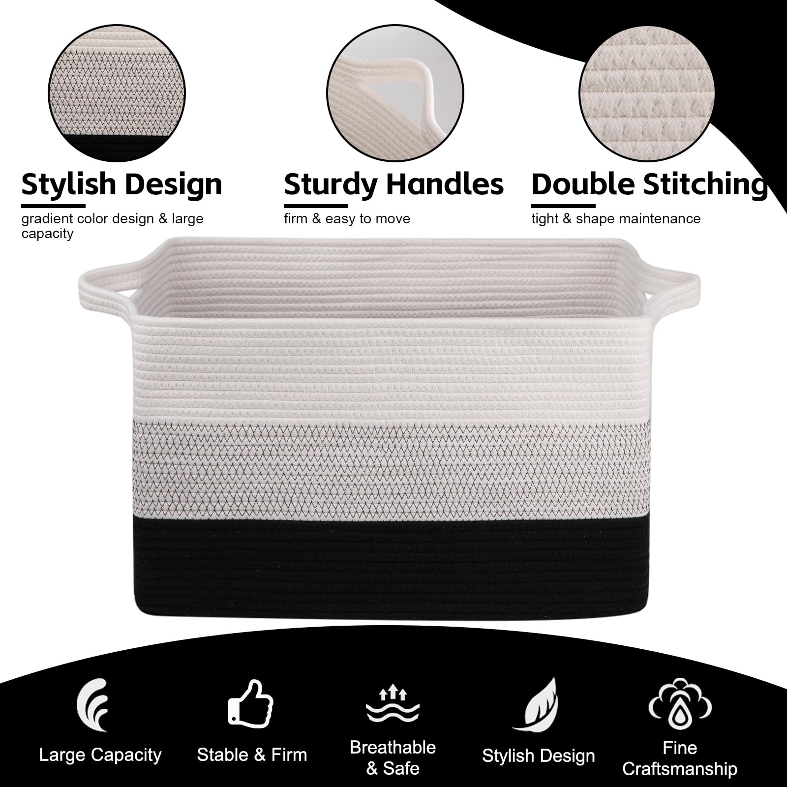 Extra Large Blanket Basket, 95L Woven Storage Basket, Cotton Rope Toy Bin for Baby Room, Container for Storage in Living Room, 24''×17''×14'', Black & White
