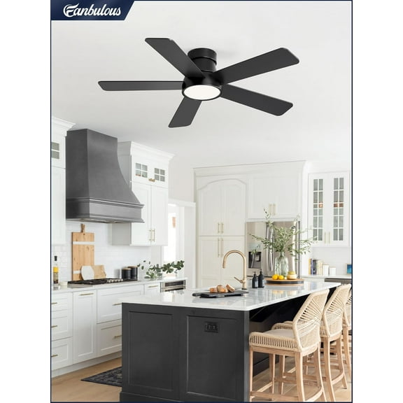 42 Inch Ceiling Fan with Light and Remote, Modern Flush Mount Fan with 3CCT 6-Speed Quiet  Motor, Black for Bedroom Living Room Office