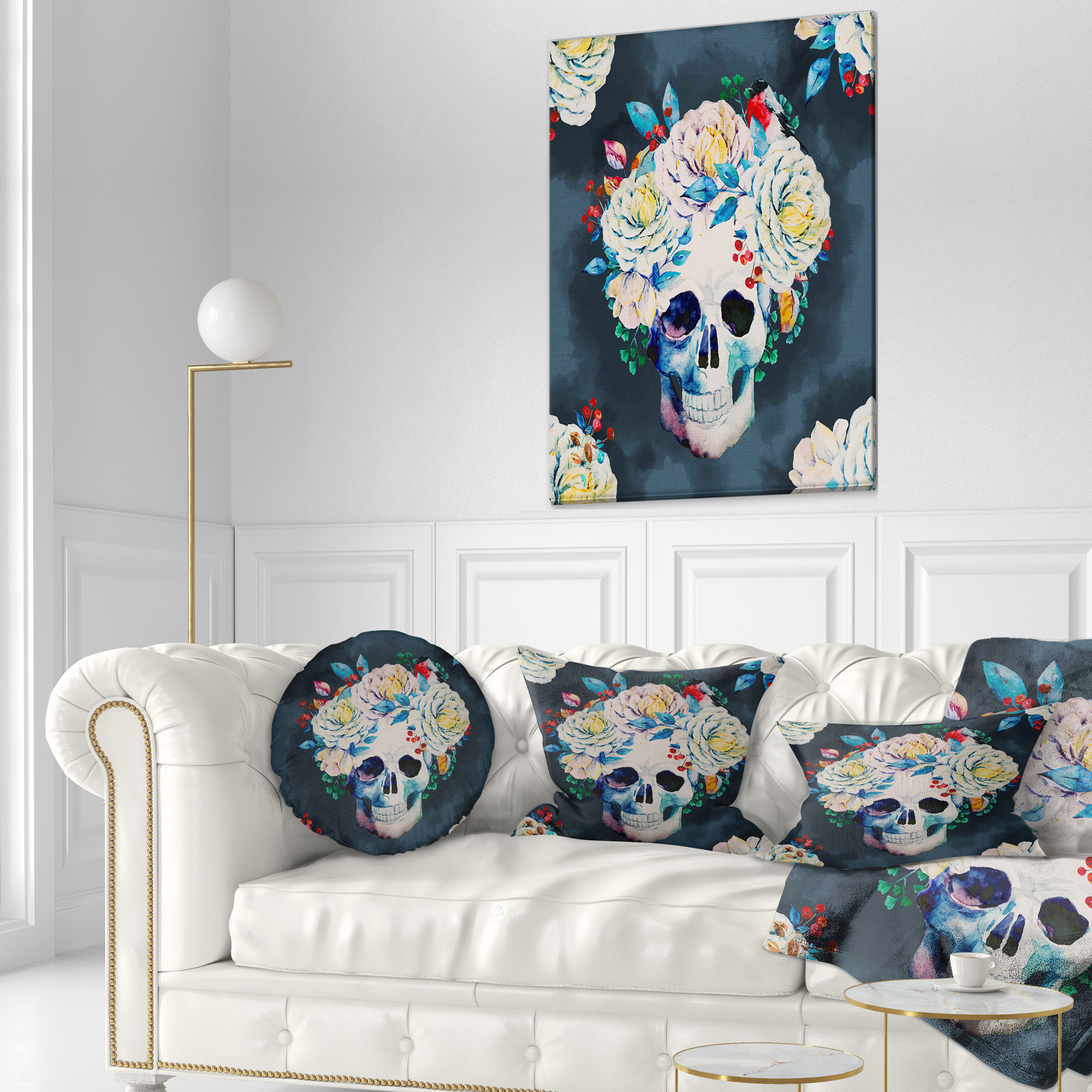 Designart Watercolor Vector Skull - Floral Throw Pillow - 12x20