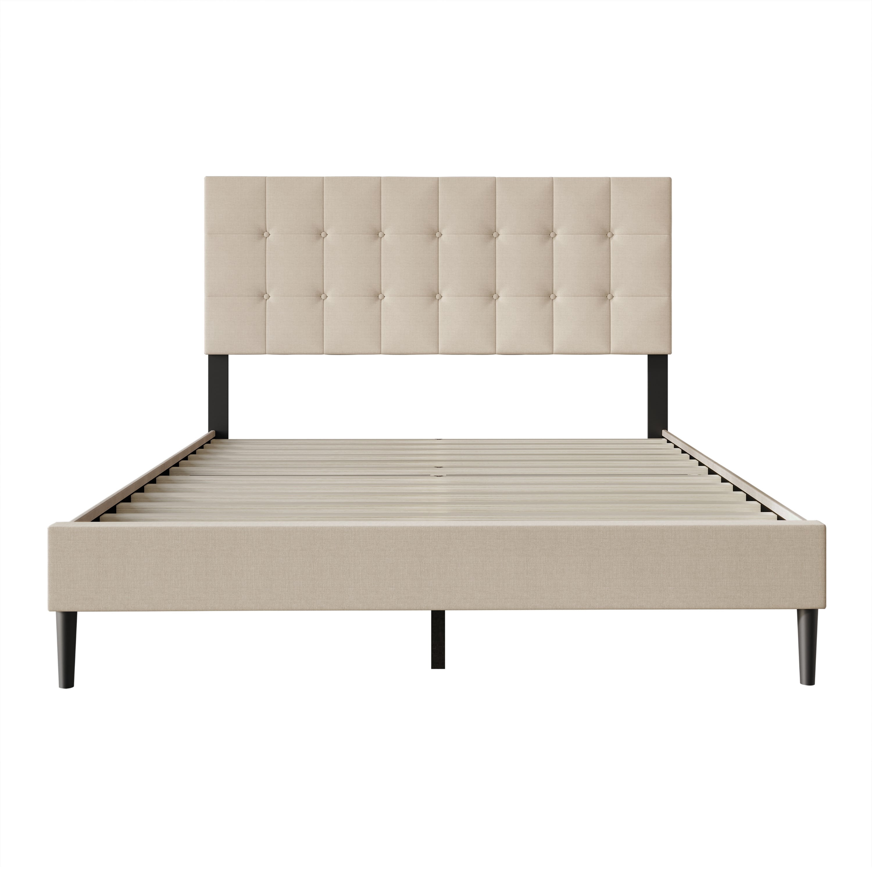 Home Design Evanston Queen Tufted Upholstered Platform Bed with Slatted Wood and Foam-Padded Headboard, Beige, Easy Assembly