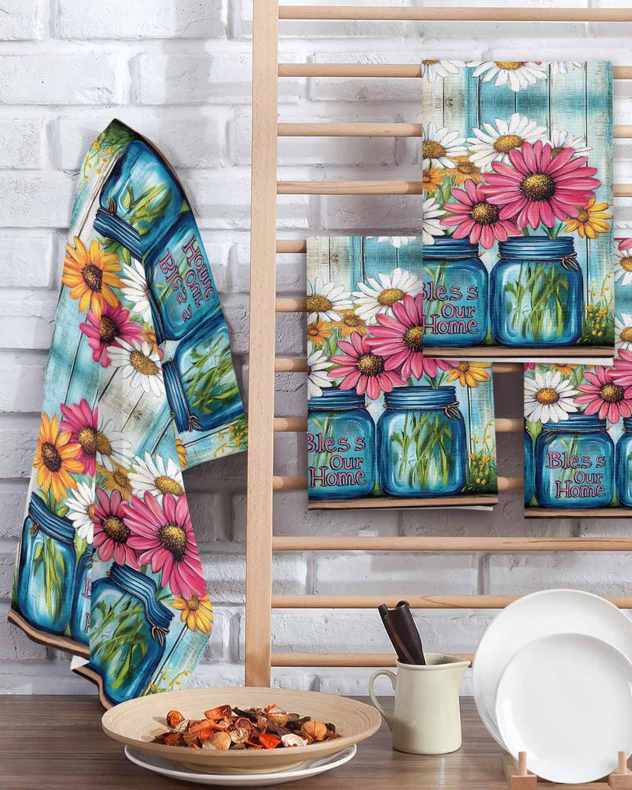 Red White Daisy Kitchen Dish Towels for Drying Dishes Set of 3, Vintage Bottle Teal Wooden Grain Waffle Weave Microfiber Terry Hand Tea Bathroom Towels Quick Dry & Absorbent Towel 15.7x23.6