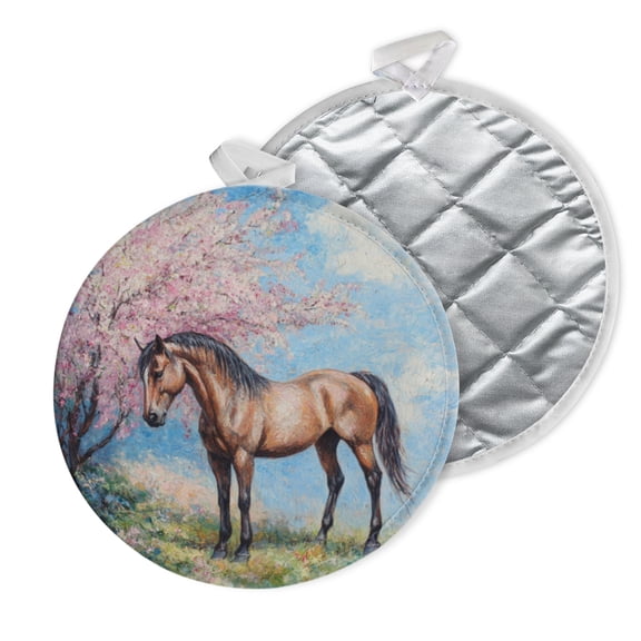 2 PCS Pot Holders for Kitchen,Potholders Sets with Hook for Oven,Cooking,Baking,Pastoral Horse And Flowering Tree Under Blue Sky