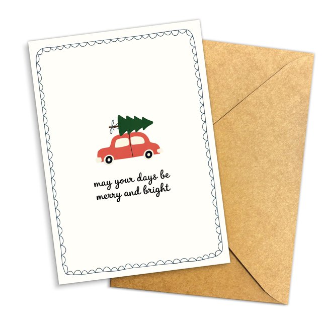 Tarjeta de felicitación Podagree vintage de Navidad, auto rojo 13 x 21 cm