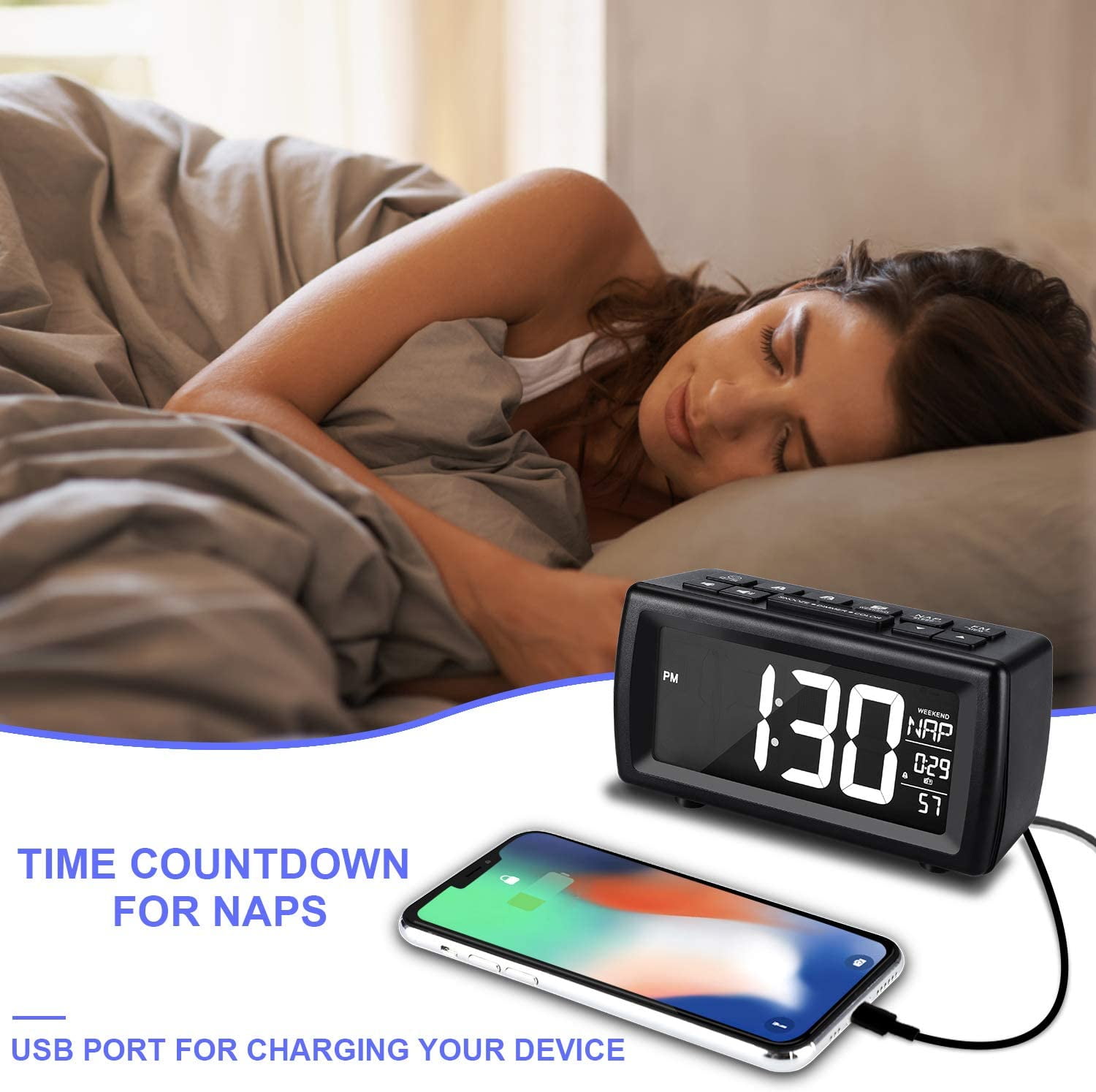 AZUTTA Digital Alarm Clock Radio with 7-Color Digit Display and Dimmer for Bedroom Travel Dorm Desk Nap Countdown USB Phone Charger DST Snooze FM Sleep Timer Calendar Volume Adjustable Weekend 