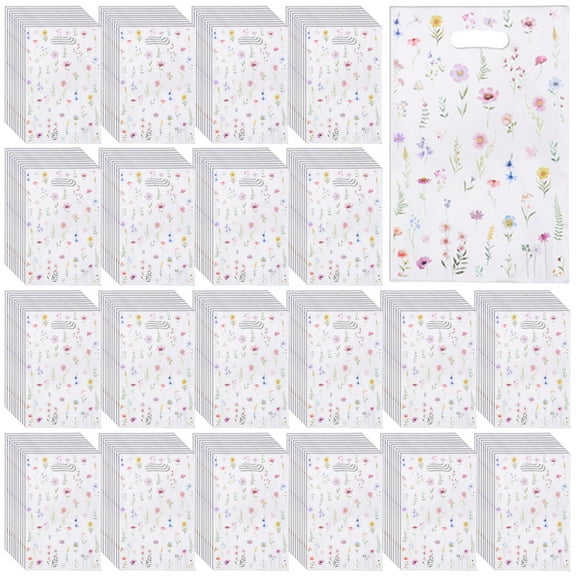 200Pcs Present Bag with Handle Wildflower Bow Goodie Candy Treat Plastic Party Favor Bag for Birthday Baby Shower