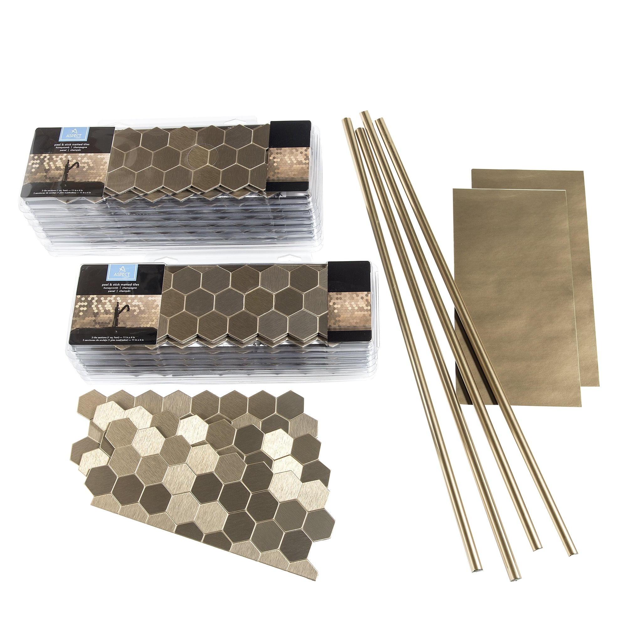 Aspect Peel and Stick Backsplash Champagne Matted Metal Tile for Kitchen and Bathrooms