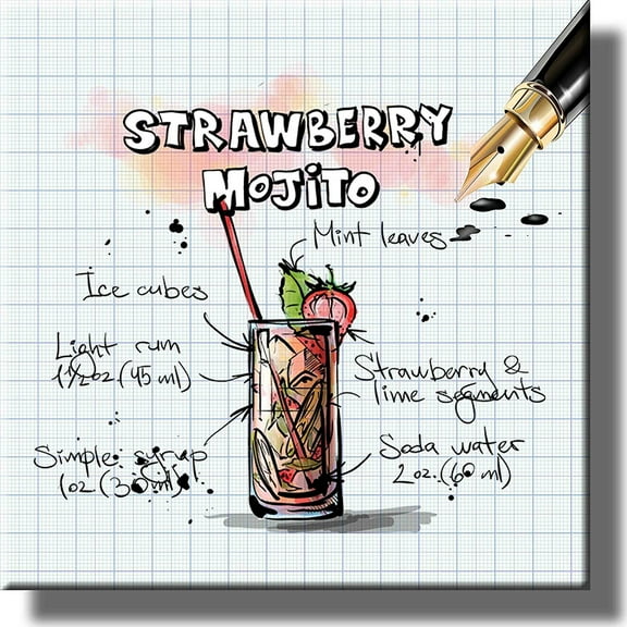 Strawberry Mojito Cocktail Recipe Picture on Stretched Canvas, Wall Art Decor, Ready to Hang!