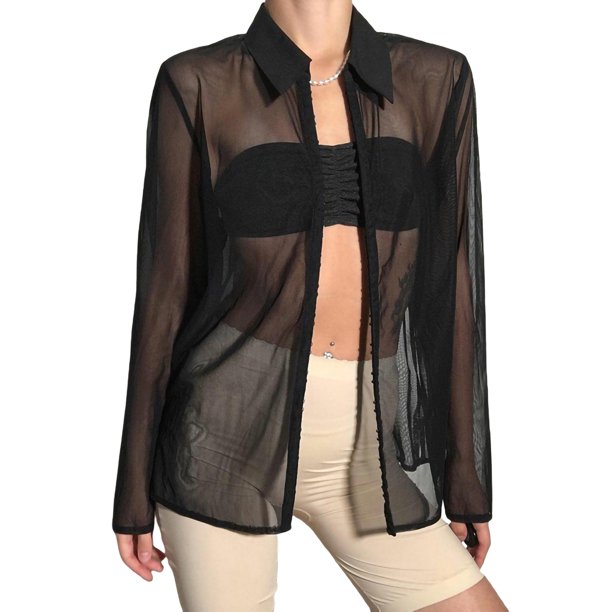 FOCUSNORM Women Long Sleeve Sheer Top See Through Button Up Shirts Sexy
