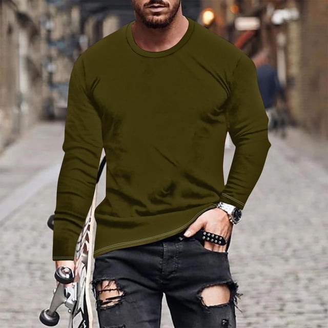 pstuiky Camisas suaves de manga larga para hombre, Camisa de manga larga con cuello redondo, color liso, informal y cómoda para hombre. camisetas de hombre l