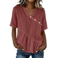 thumbnail image 3 of Craaazy Women's Plus Size Versatile Solid Color Cotton Linen V-Neck Short Sleeve T-shirts with Ruffle Trim for Daily Wear, 3 of 7