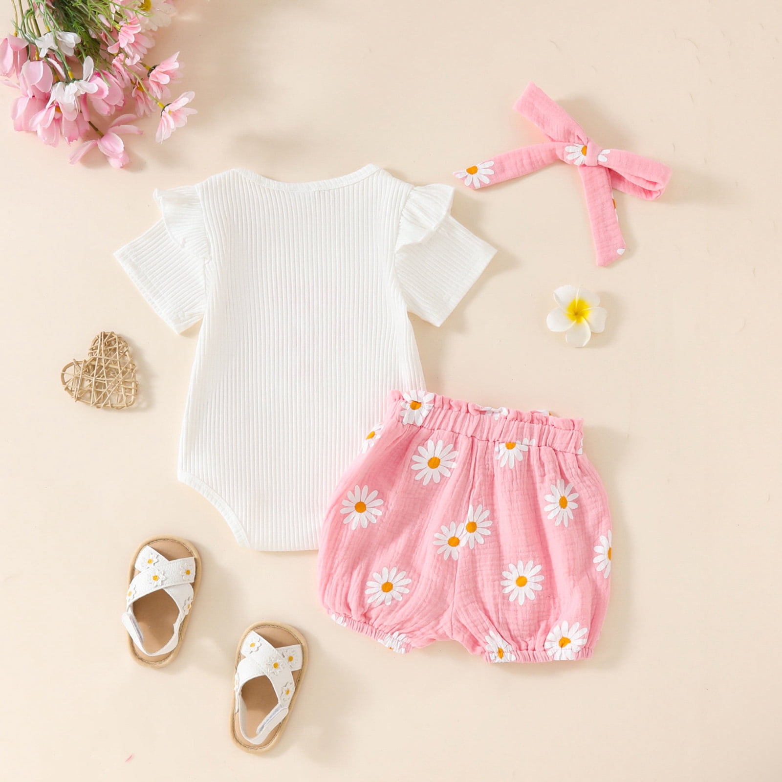 Staki Baby Girl Short Top and Pants Set Newborn Baby Girl Clothes Summer Knit Ribbed Print Short Sleeve Romper Shorts Headband Outfit Set 0-18M(Pink,12-18 Months)