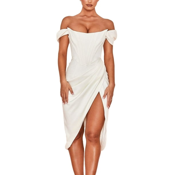 Txlixc Vestido de fiesta de color sólido para mujeres, vestido midi de cintura alta sin tirantes Txlixc moda