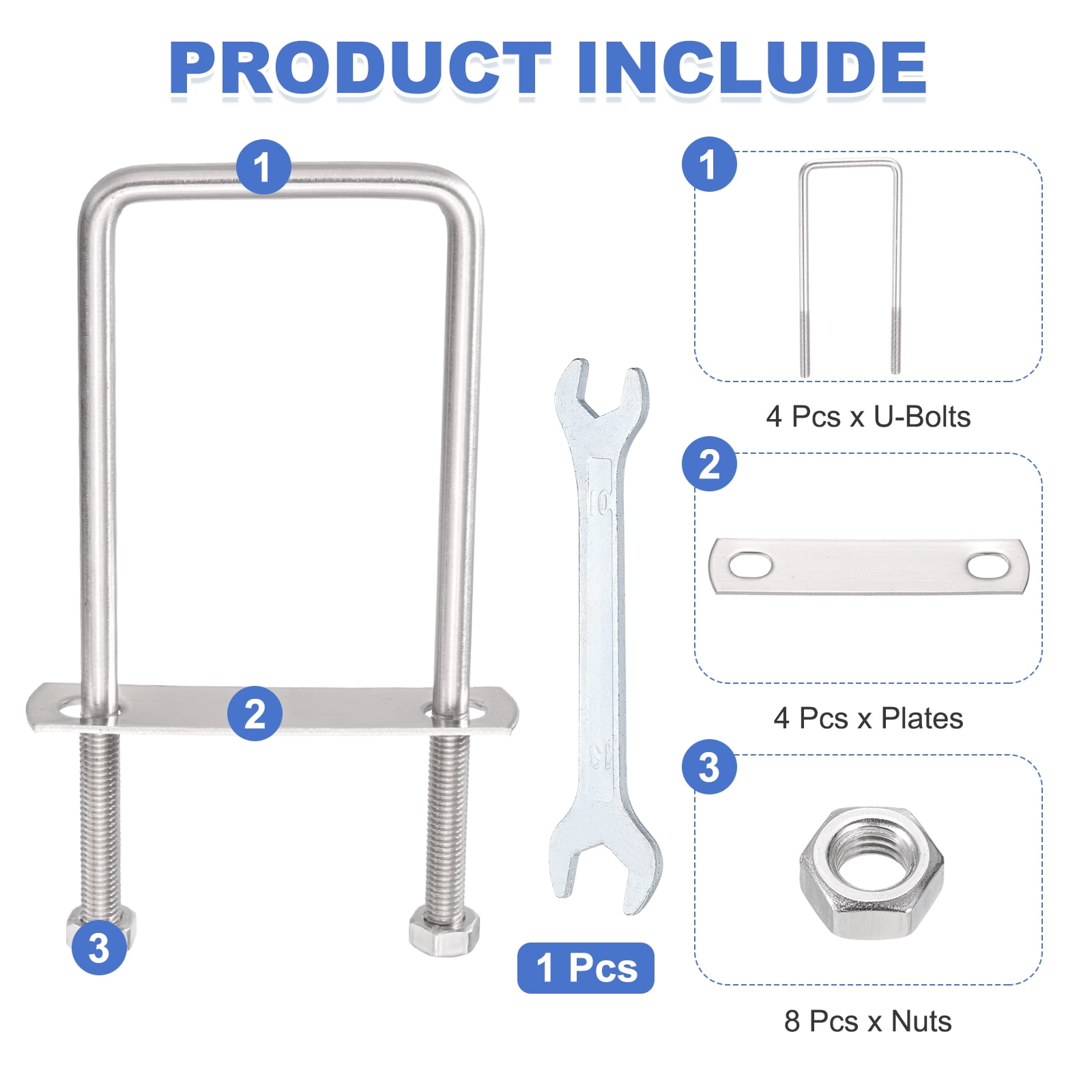 Uxcell 4 Sets M8 Square U-Bolts, 2.36" Inner Width 6.3" Length 304 Stainless Steel U Clamp Bolts with Nuts, Plates and Wrench