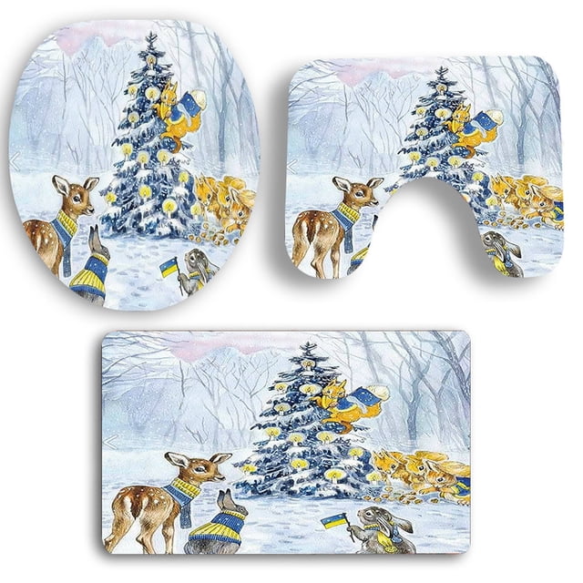 9PCS Christmas Bath Mat Set Colorful Printing Non Slip Bathroom Rug with Contour Rug & Lid Toilet Cover