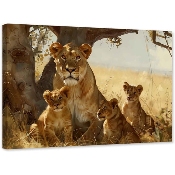ZHONGYUTONG Lion Family Wall Art Canvas African Animal Pictures Lioness and Cubs Painting Wildlife Poster for Living Room Decor Framed (12.00" x 18.00")