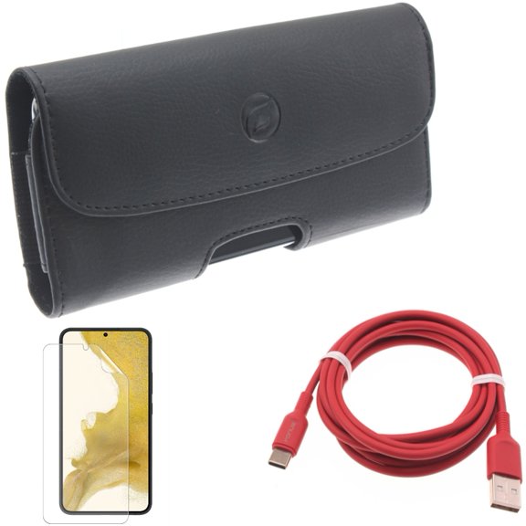 For Samsung Galaxy S21 (6.2") - Holster Leather Case Belt Clip   Anti-Glare TPU Film Matte Screen Protector   Charger Cord Red 6ft USB-C Cable