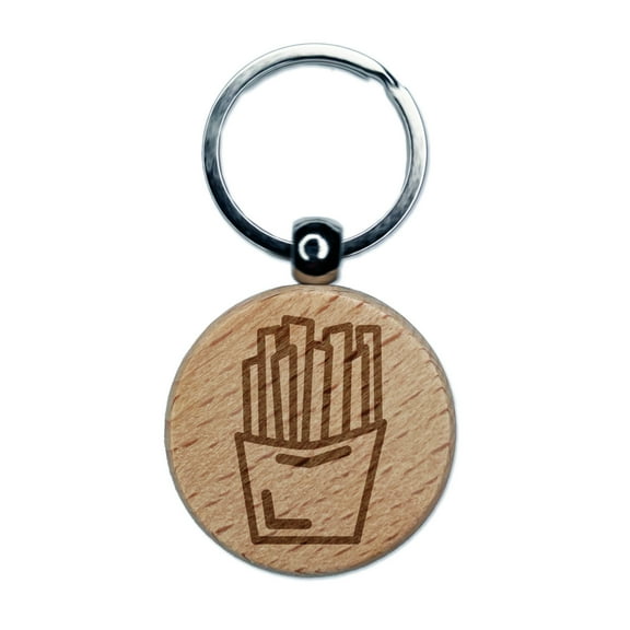 French Fries Snack Doodle Round Keychain Charm Tag - Engraved Wood