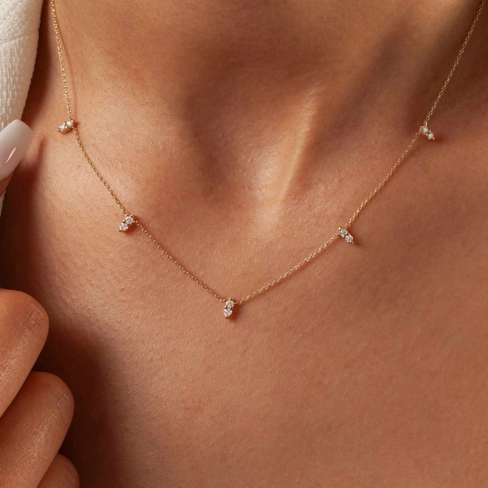 Lakshya Jewel LLC Cubic Zirconia Women's Dainty 5 Station 18" Necklace 14K Yellow Gold Finish Silver