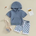 thumbnail image 2 of Bagilaanoe 2pcs Toddler Baby Boy Shorts Set Short Sleeve Hooded  T Shirt Tops + Checkerboard Shorts 6M 12M 18M 24M 3T Kids Casual Summer Clothes, 2 of 7