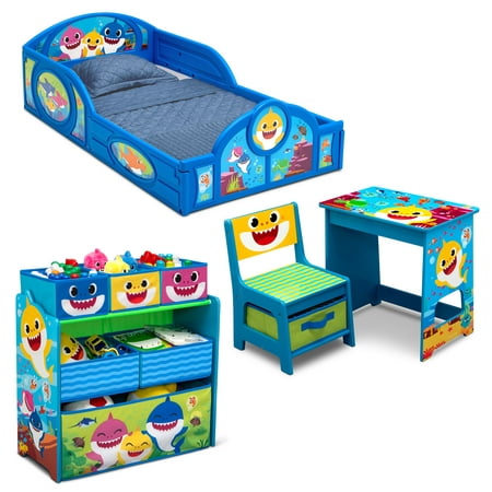 Baby Shark Tour 4-Piece Room-in-a-Box Bedroom Set by Delta Children - Includes Sleep & Play Toddler Bed, 6 Bin Design & Store Toy Organizer and Desk with Chair