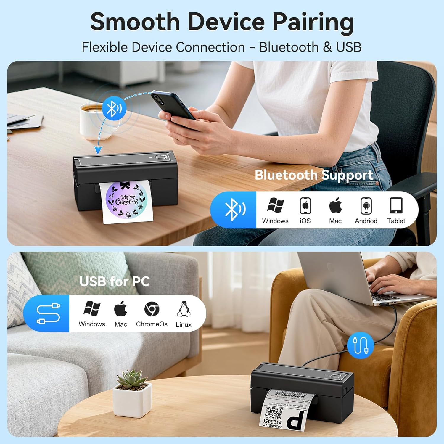 Bluetooth Thermal Label Printer, Wireless 4x6 Shipping Label Printer for Small Business & Shipping Packages, Support iPhone, Android, Windows, macOS, Work for , Shopify, Etsy, USPS