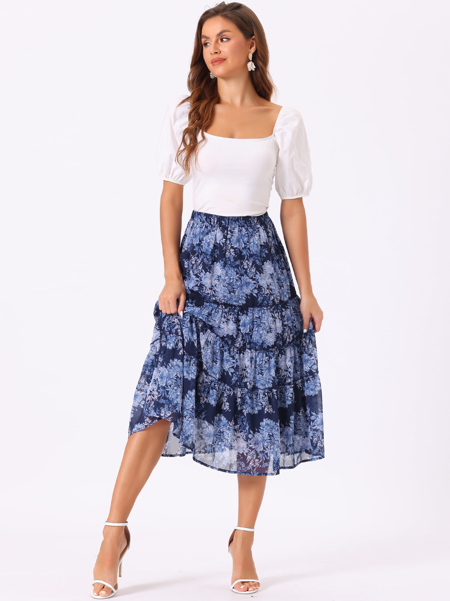DARING DIVA Women's Chiffon Tiered A-Line Maxi Skirt 2XL Deep Blue