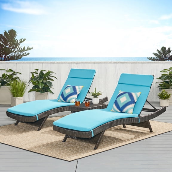 3 Piece Outdoor Brown Chaise Lounger with Blue Cushions Set