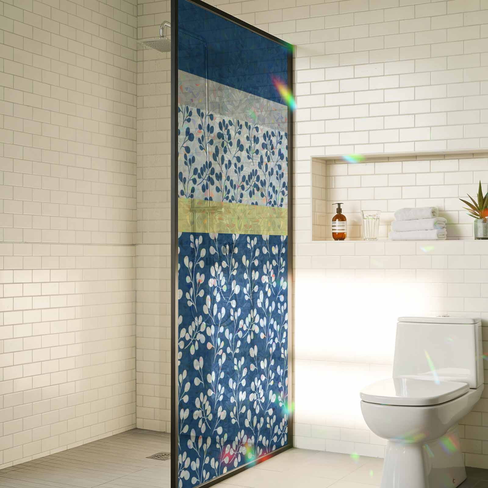 Blue Yellow Window Privacy Film Stain Glass,Reusable Decorative Rainbow Window Film,Botanical Floral Motifs Wildflower Striped Static Cling Sun Blocking Stickers Decals Covers 29.5" x 78.7" (2pcs)