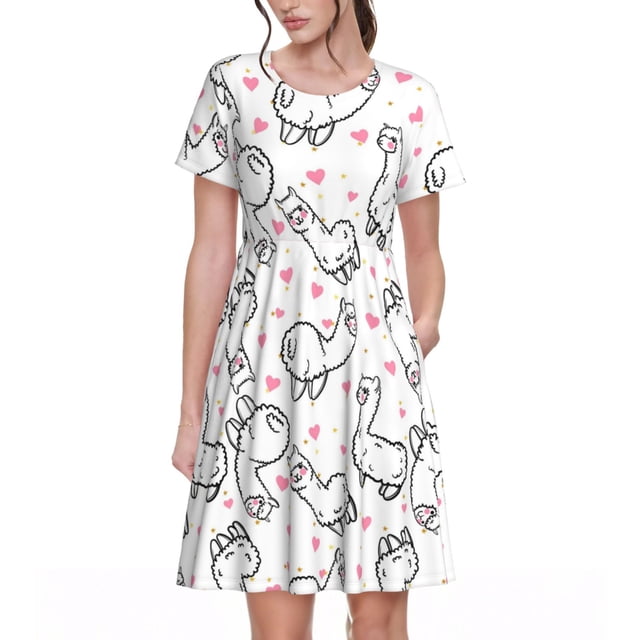 Disketp Alpacas and Hearts para Vestido de Manga Corta para Mujeres, Vestidos de Verano para Mujeres, Casual y Holgado para la Playa