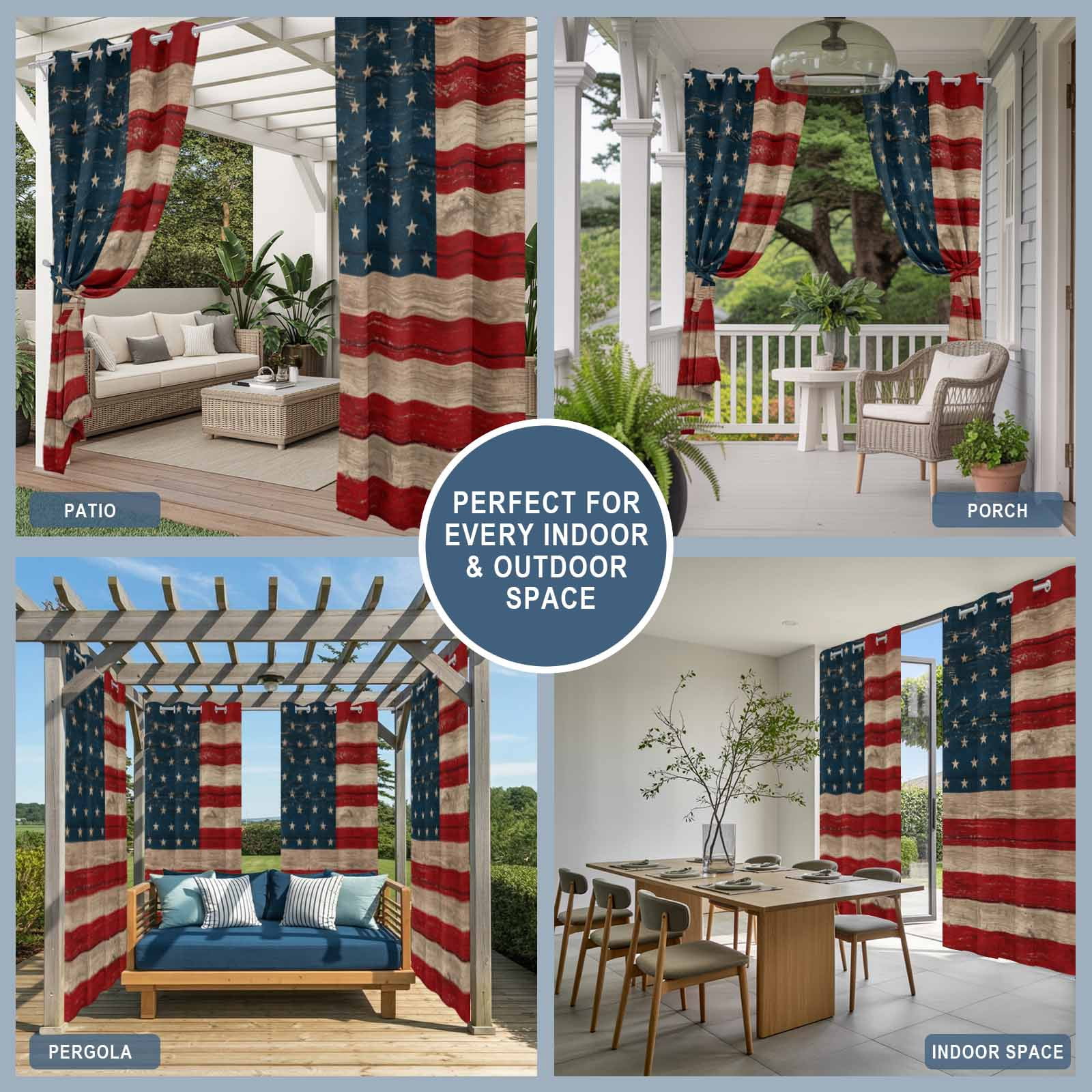 Independence Day Outdoor Curtains for Patio, Patriotic Red Blue American Flag Retro Wood Grain Waterproof Outside Curtains Privacy Blackout Curtain for Porch Pergola Cabana, 2 Panel 54W x 108L Inch