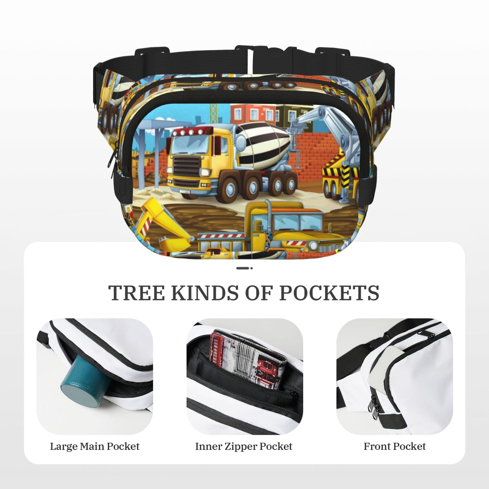 Picia Different Construction Site Vehicles Print Square Double-Layer Waist Bag Mini Adjustable Waist Belt Bag Exercise Running Travel Hiking