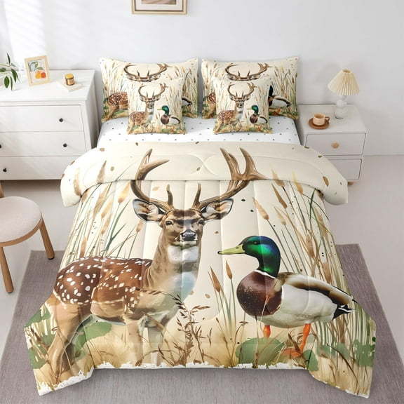 Feelyou Deer Duck Twin Bedding Sets 7-Piece, Rustic Western Cabin Bedding Comforter Set