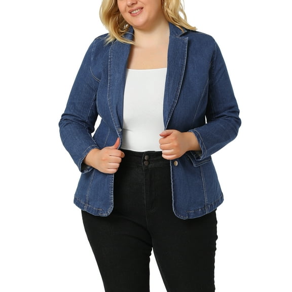 Agnes Orinda Women's Plus Size Denim Blazer Notched Lapel Button Work Jean Jackets 5X Sky Blue