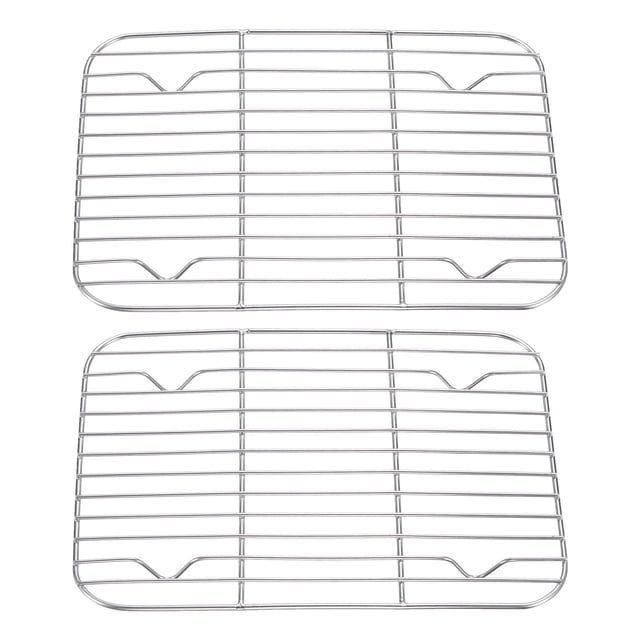 uxcell 2pcs square bbq grill net 8.7" x 6.3" 201 stainless steel cooling rack with 16mm 4-legs, two parrillas rectangulares de acero inoxidable en vista superior con rejilla de alambre, cuatro patas de soporte de 16 mm, diámetro de alambre 2 mm y esquinas redondeadas; diseñada para asar, hornear y enfriar, y a menudo usada para escurrir o exhibir productos horneados.