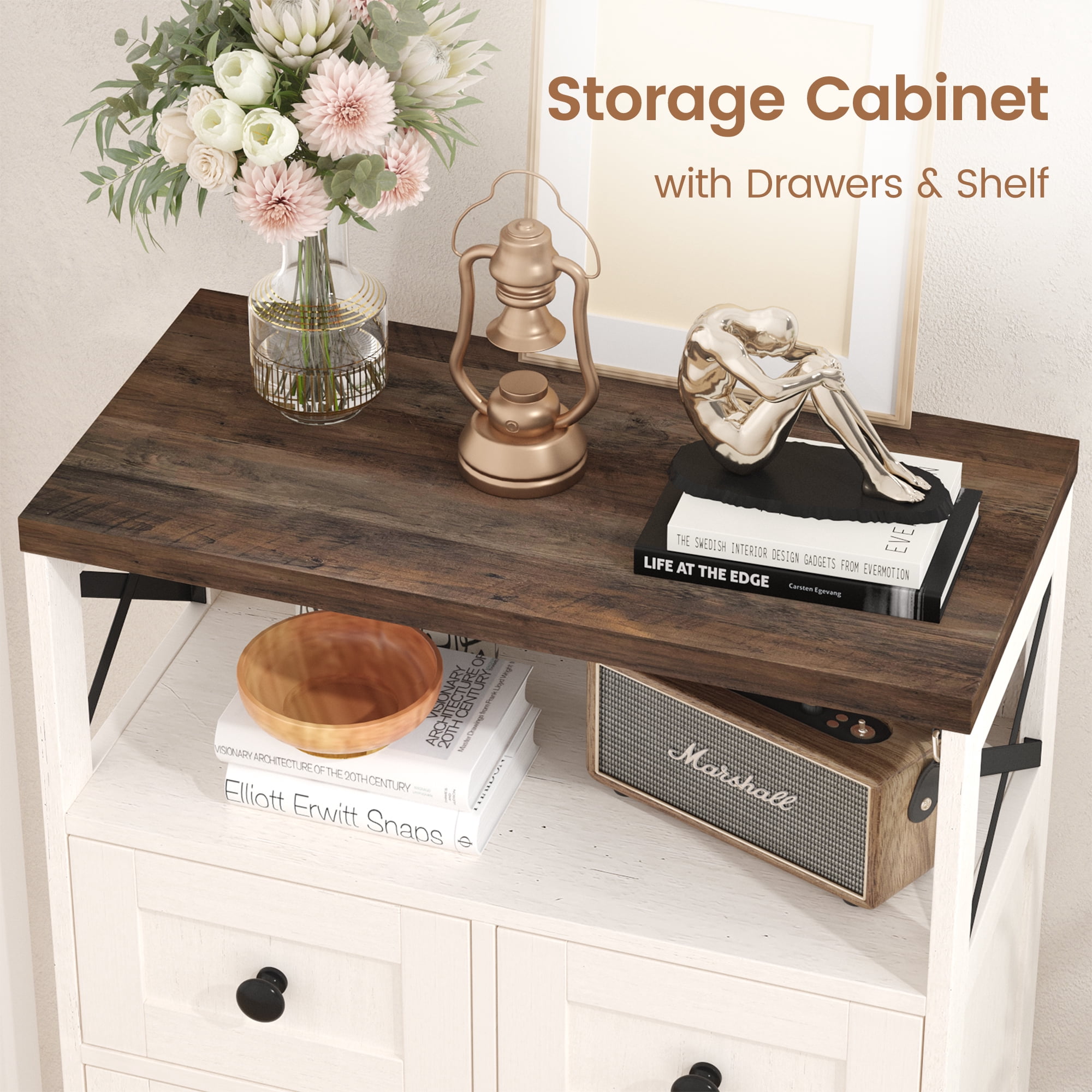 Farmhouse Storage Cabinet with Doors and Drawers, Freestanding Kitchen Pantry Cabinet Sideboard, White