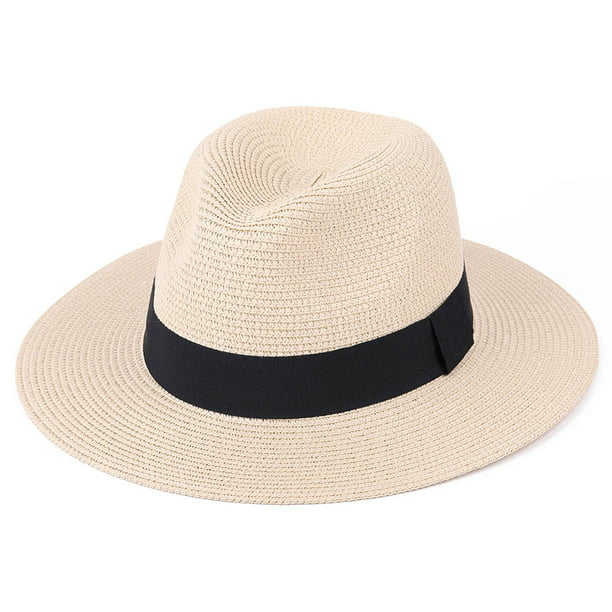 AmShibel Mens Women Beach Sun Straw Panama Fedora Summer Flat Brim Hat ...