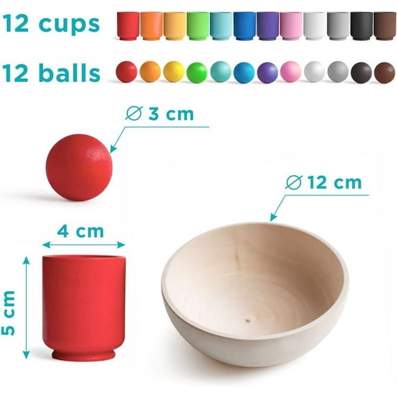 Juego de clasificación de madera con 12 bolas de 30 mm para niños de 1 año o más, para clasificar y contar colores, aprendizaje preescolar.
