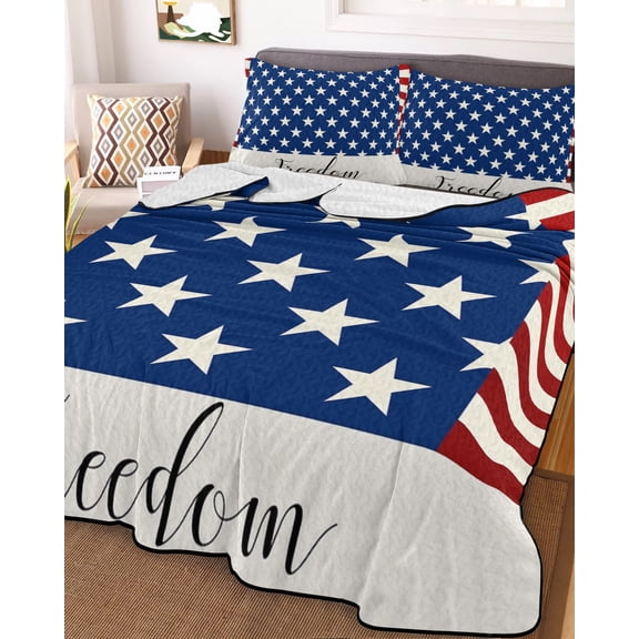 4th of July King Size Down Alternative Comforter,Lightweight Comforter Quilt Bedding Set with Pillow Shams Independence Day American Flag Red Striped Blue Star Bed Comforter Duvet Insert 96"x106"