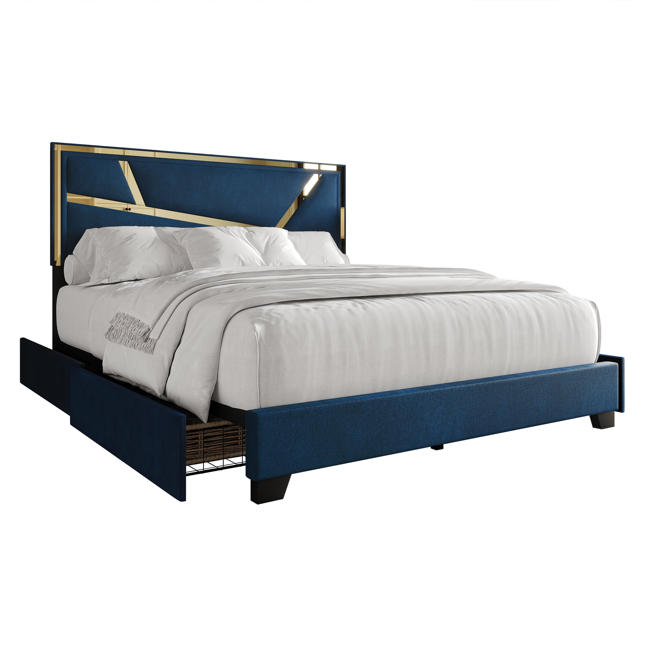 Castle Place Luxe Haven Velvet King Platform Bed with 4 Storage Drawers, Navy Blue