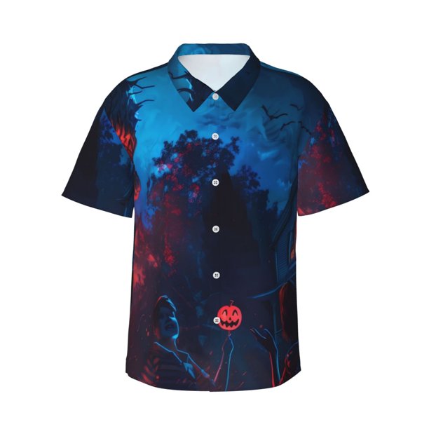 Fotbe Spooky Halloween Night Scene Camisa Hawaiana para Hombre Unisex – Camisa Casual de Verano con Botones de Manga Corta de Algodón y Lino,Small