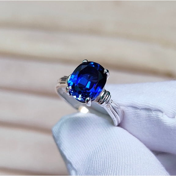 GemEmoprium Emerald Cut Blue Sapphire Rings 4.15 ct. t.w. 925 Sterling, Sterling Silver Band For Women
