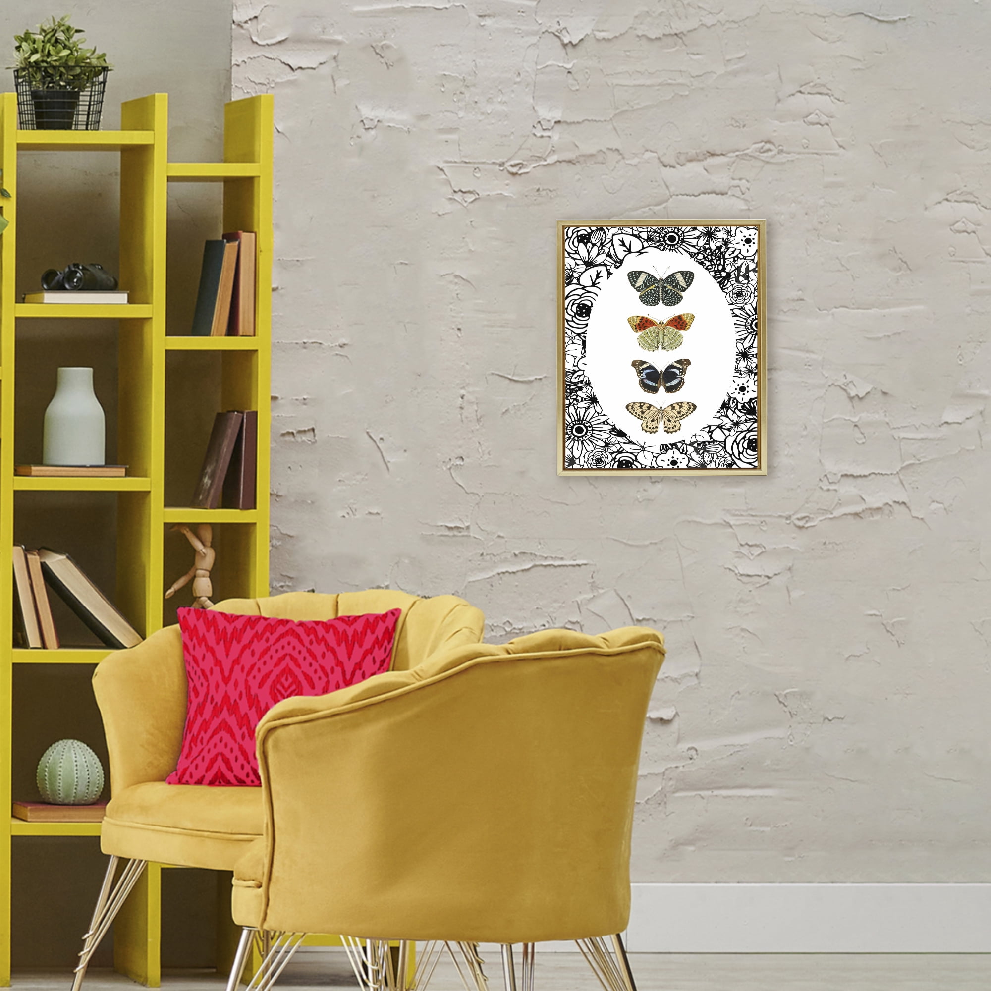 Stupell Industries Floral Butterfly Lineup Gold Framed Floater Canvas Wall Art, design by Dan Meneely