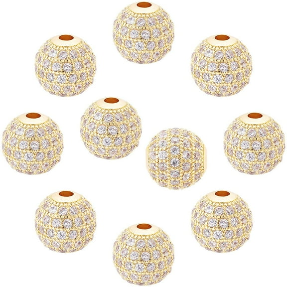 10pcs 10mm Brass Clear Gemstones Cubic Zirconia CZ Stones Pave Micro Setting Disco Ball Spacer Beads Round Bracelet Connector Charms Beads for Jewelry Making Clear